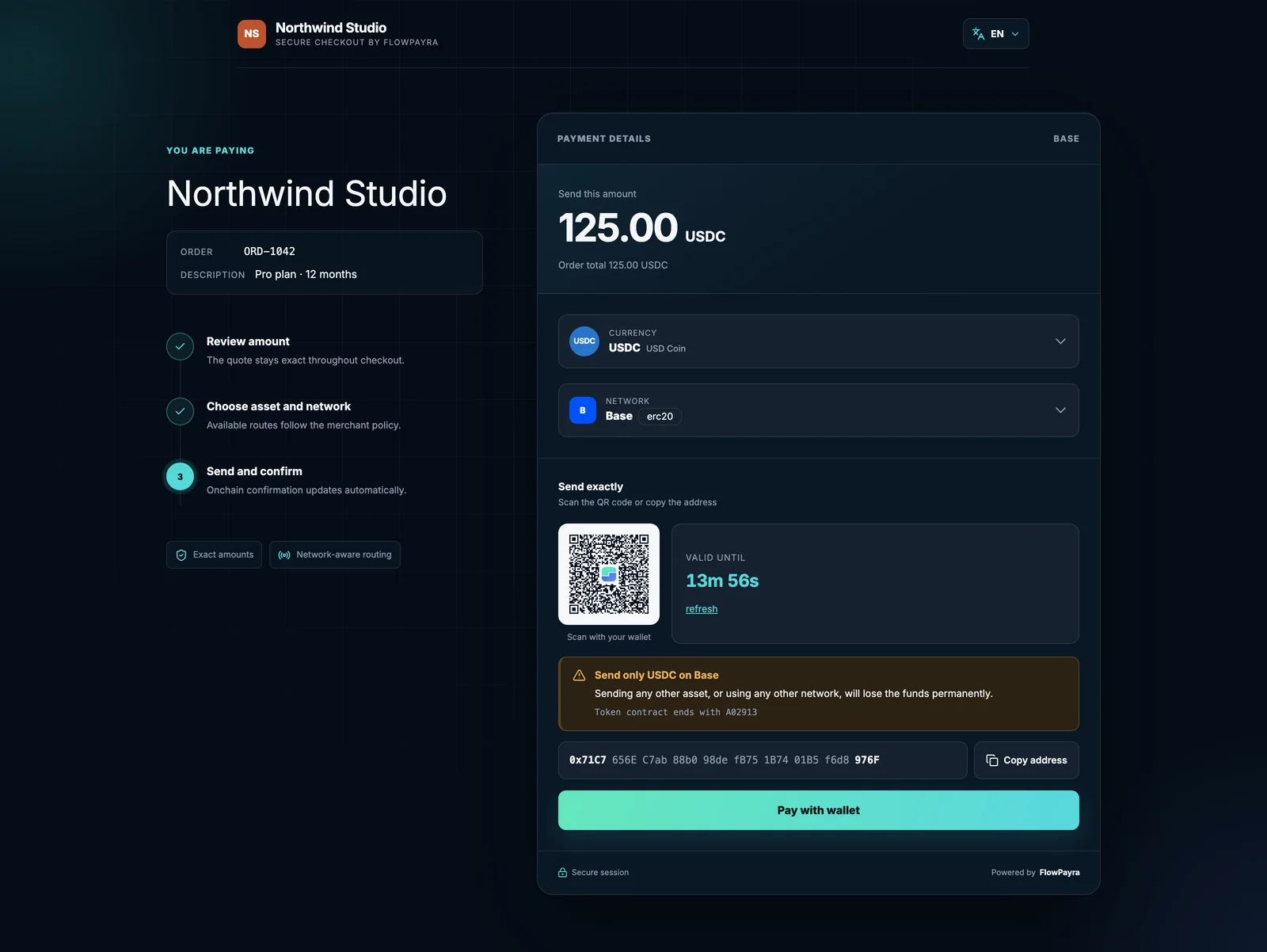 Hosted checkout — Desktop · Dark