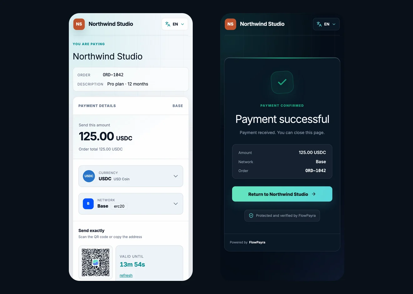 Hosted checkout — Mobile · Light and dark
