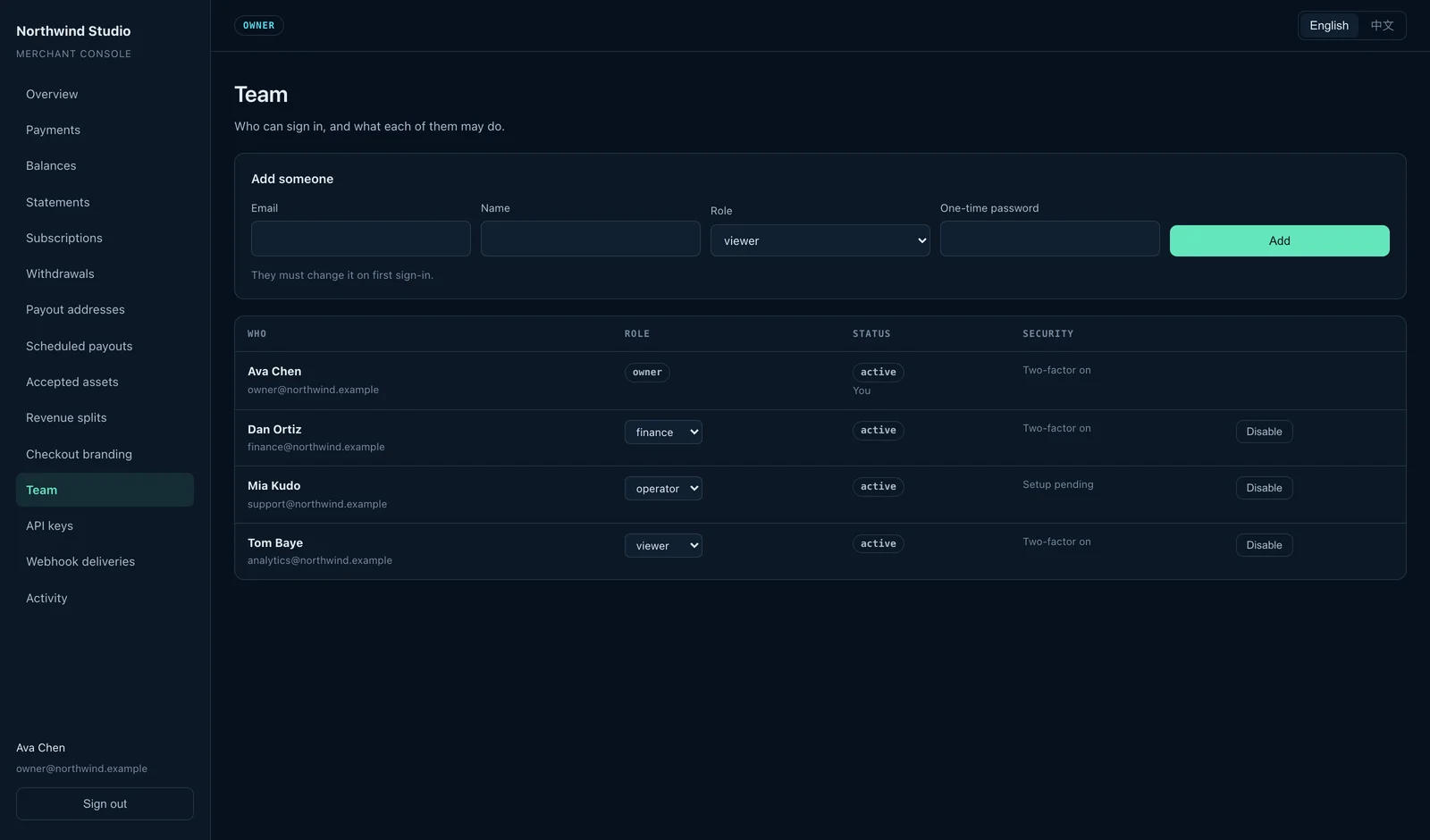 Merchant console — Team
